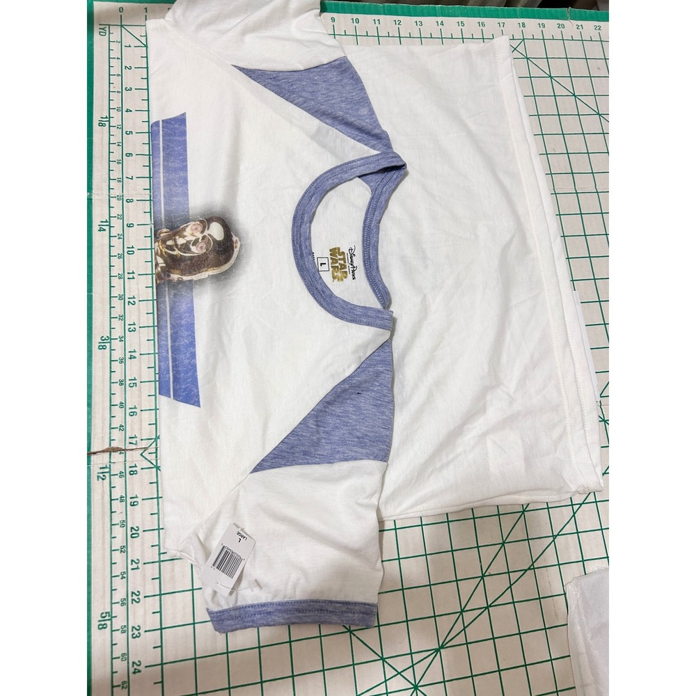 Disney Parks Large Star Wars C-3PO Raglan Tee White Blue Retro Don't Blame Me - Picture 5 of 11